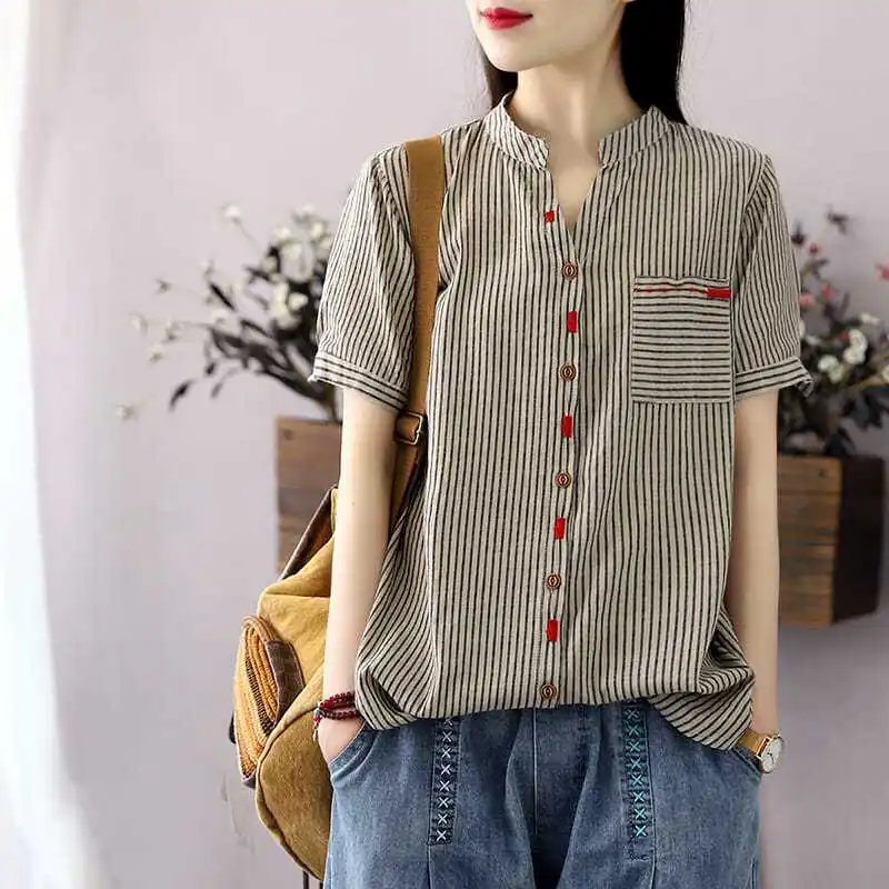 Pure Cotton Striped Stand Up Collar Short Sleeves Shirt Summer Retro Artistic Style Loose Comfort Tops Fashion Clothes for Women
Pure Cotton Striped Stand Up Collar Short Sleeves Shirt Summer Retro Artistic Style Loose Comfort Tops Fashion Clothes for Women