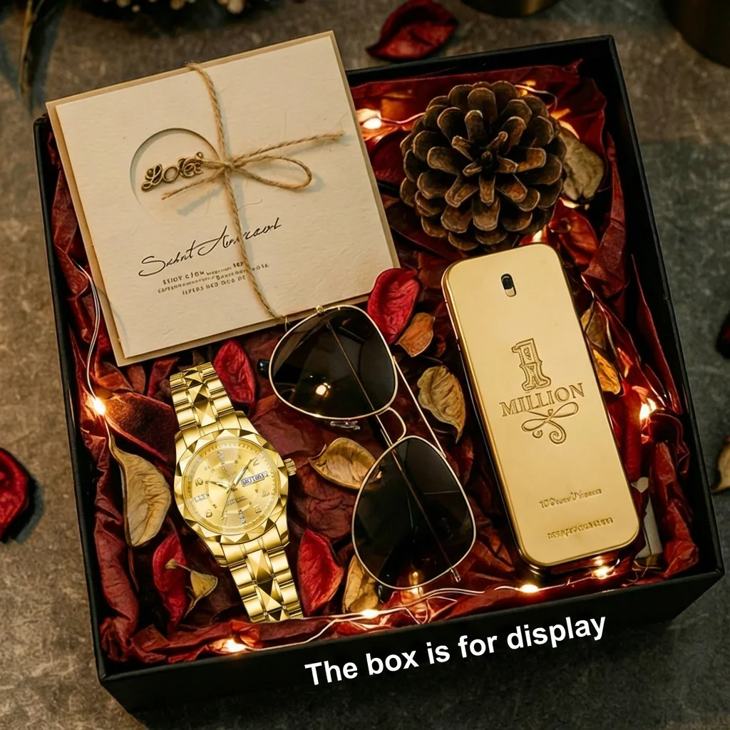 4pcs Women's Gold Metal Luxury Diamond Accents Sunglasses Perfume Quartz Watch Gift Set for Valentine's Day, Daily Wear.
4pcs Women's Gold Metal Luxury Diamond Accents Sunglasses Perfume Quartz Watch Gift Set for Valentine's Day, Daily Wear.
