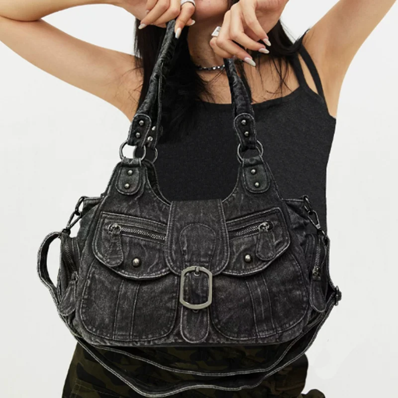 Women's Fashion Washed Denim Handbag Multi-Pocket Rivet Distressed Gradient Shoulder Bag Large Capacity Spicy Girl Underarm Bags
Women's Fashion Washed Denim Handbag Multi-Pocket Rivet Distressed Gradient Shoulder Bag Large Capacity Spicy Girl Underarm Bags
