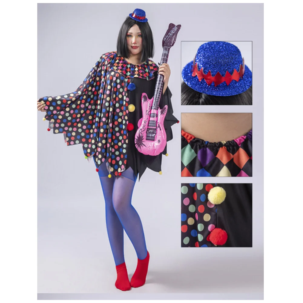 Adult Terrifier Clown Cosplay Costume Colorful Polka Dot Pom Pom Poncho Top Mini Hat Circus Outfit Halloween Carnival Disguise
Adult Terrifier Clown Cosplay Costume Colorful Polka Dot Pom Pom Poncho Top Mini Hat Circus Outfit Halloween Carnival Disguise