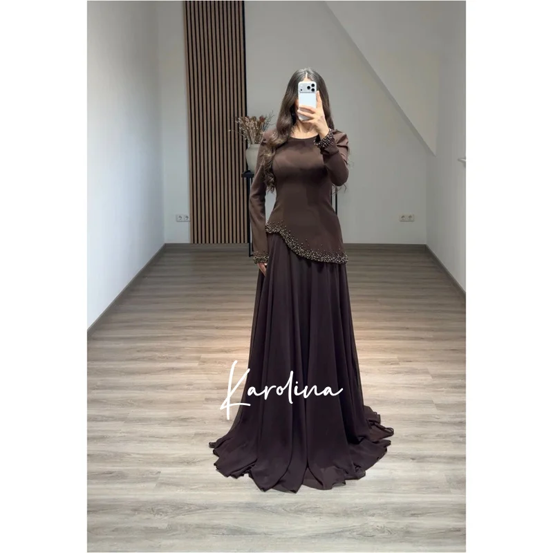Customized Chocolate Brown O Neck Asymmetrical Prom Dress Long Sleeves A-line vestidos de noiva Floor-length Formal 2025
Customized Chocolate Brown O Neck Asymmetrical Prom Dress Long Sleeves A-line vestidos de noiva Floor-length Formal 2025