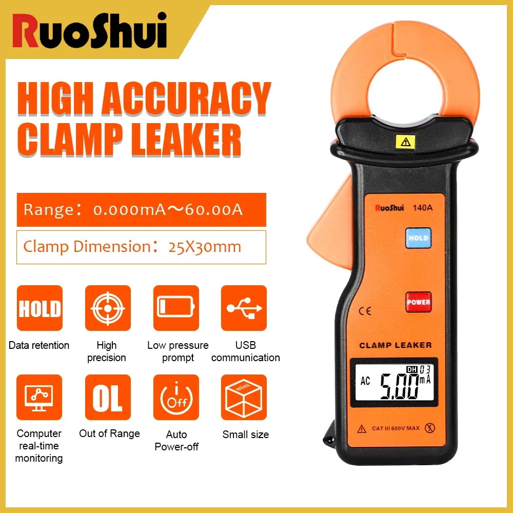 RuoShui 140A Precision Leakage Clamp Meter - 0-60A AC/600V Digital Current Analyzer with Auto Detection & High Accuracy
RuoShui 140A Precision Leakage Clamp Meter - 0-60A AC/600V Digital Current Analyzer with Auto Detection & High Accuracy