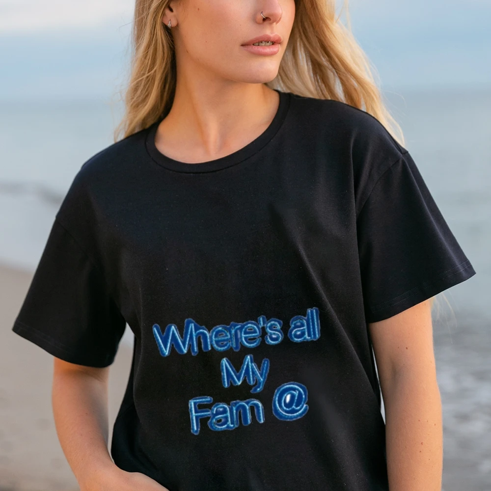 Women's Stylish Cotton Tee Where's all My FamEmbroidered Text Casual Vibe White Regular Fit Y2K Casual Flair
Women's Stylish Cotton Tee Where's all My FamEmbroidered Text Casual Vibe White Regular Fit Y2K Casual Flair
