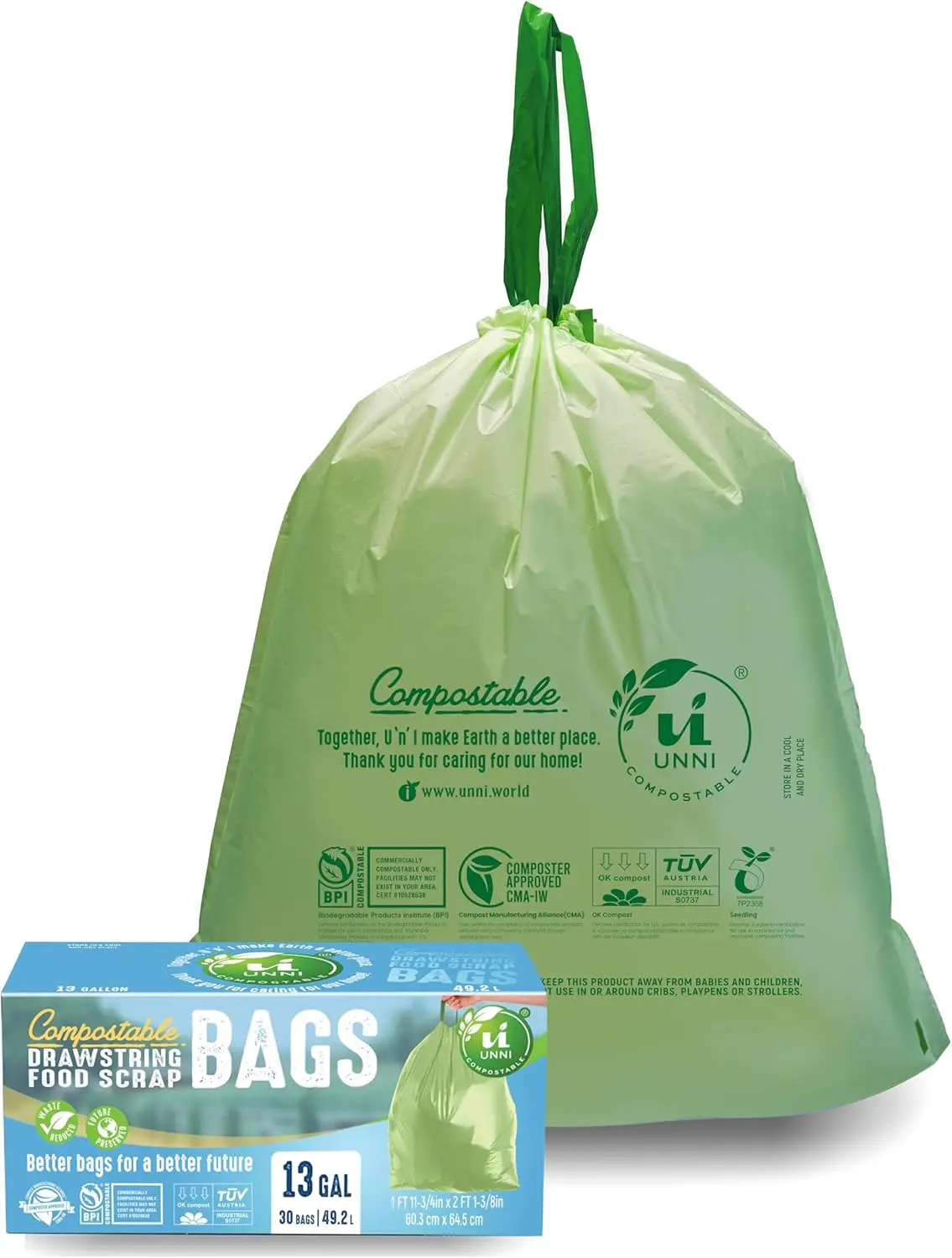 13 Gallon Compostable Drawstring Bags, 30 Count, Heavy Duty 1 Mil, Kitchen Food Scrap Waste Bags, ASTM D6400 & OK Compost HOME Certified
13 Gallon Compostable Drawstring Bags, 30 Count, Heavy Duty 1 Mil, Kitchen Food Scrap Waste Bags, ASTM D6400 & OK Compost HOME Certified
