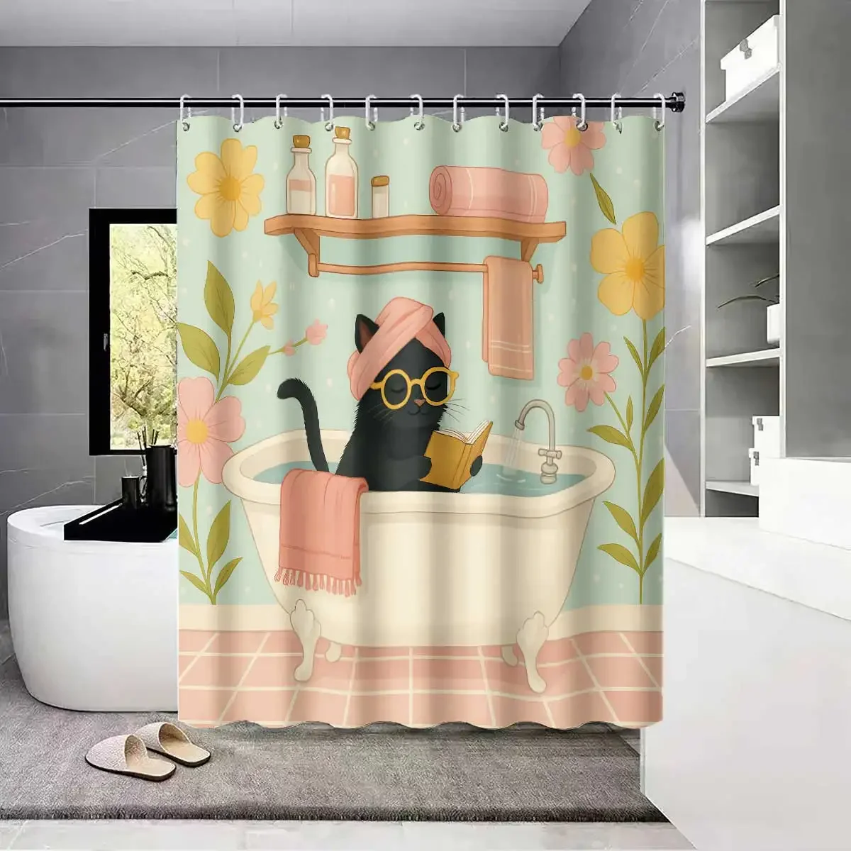 1PC Cute cat take shower printed shower curtain, funny style, waterproof, with 12 hooks, bathroom showers, bathtub, home use
1PC Cute cat take shower printed shower curtain, funny style, waterproof, with 12 hooks, bathroom showers, bathtub, home use