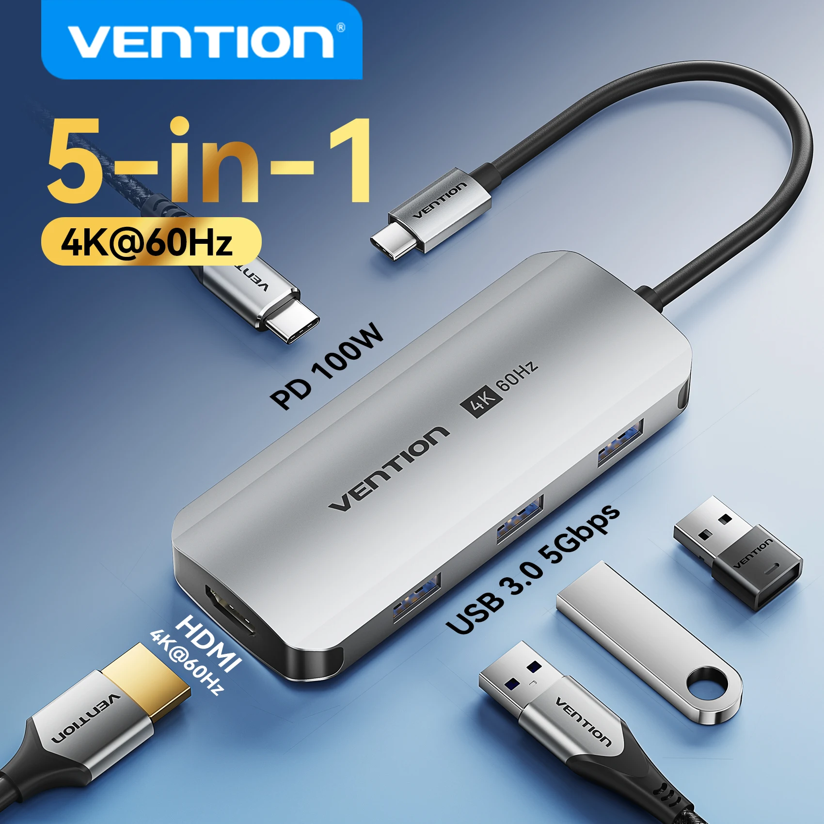 Vention 5 in 1 USB C HUB Docking station Type C to HDMI4K60Hz PD100W for Laptop PC MacBook Pro/iPad Pro/Samsung USB 3.0 HUB
Vention 5 in 1 USB C HUB Docking station Type C to HDMI4K60Hz PD100W for Laptop PC MacBook Pro/iPad Pro/Samsung USB 3.0 HUB