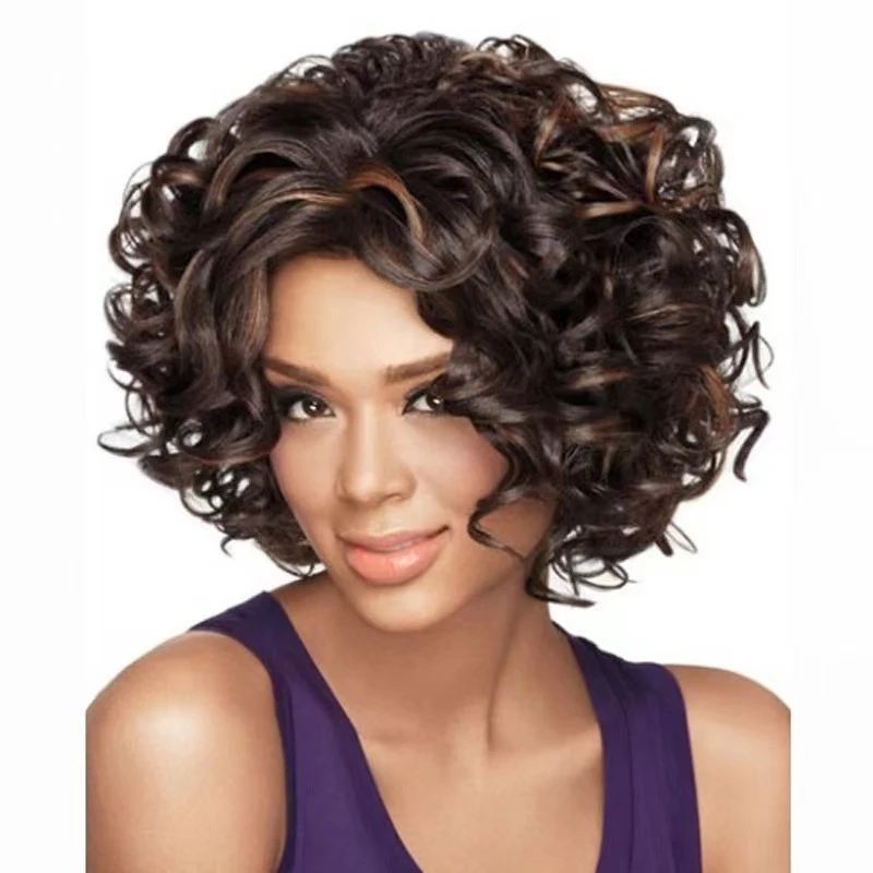 Wig for European and American women, fashionable synthetic fiber headpiece, brown mixed color short curly hair
Wig for European and American women, fashionable synthetic fiber headpiece, brown mixed color short curly hair