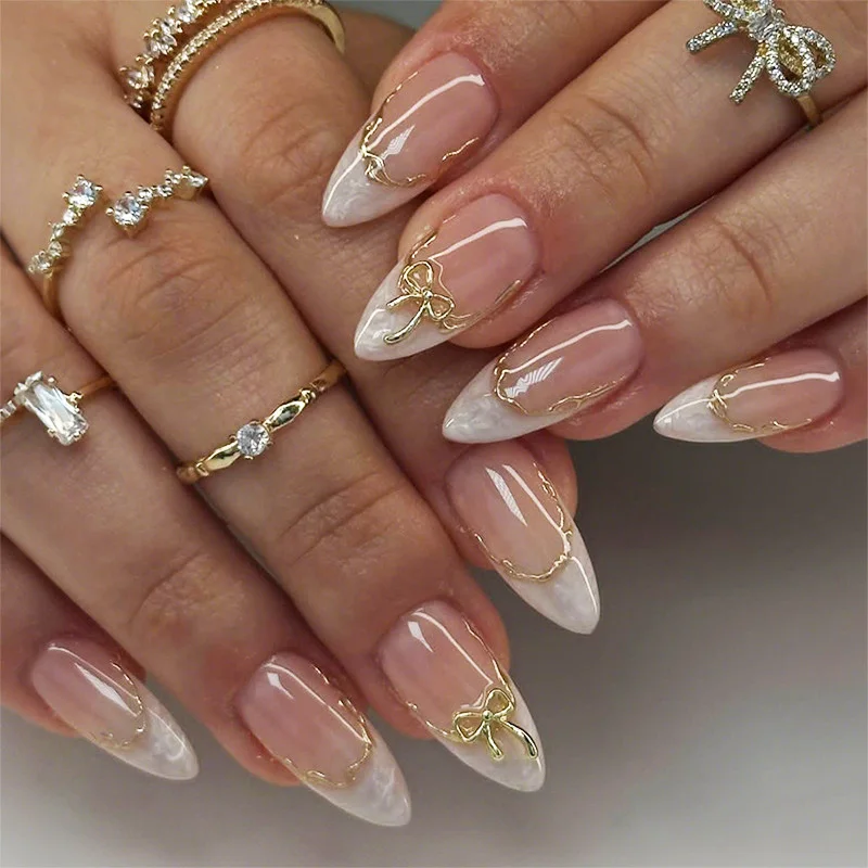 Medium fake nails for women girls french almond nude white nail tips with golden strips bowknot full cover press on false nail
Medium fake nails for women girls french almond nude white nail tips with golden strips bowknot full cover press on false nail