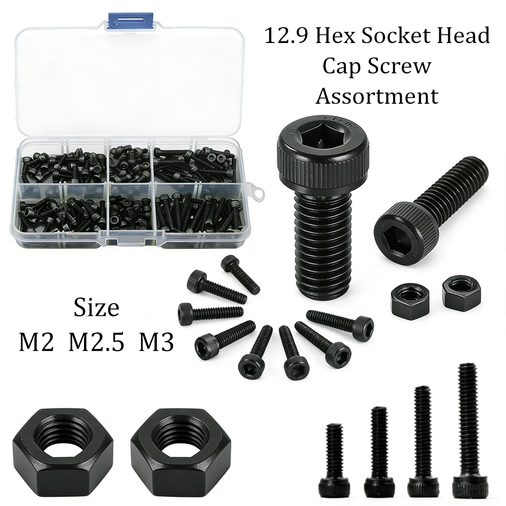180-300pcs M2 M3 12.9 Grade Black Hex Socket Screws, Carbon Steel Metric Bolts, High Strength Machine Fasteners for DIY Repair
180-300pcs M2 M3 12.9 Grade Black Hex Socket Screws, Carbon Steel Metric Bolts, High Strength Machine Fasteners for DIY Repair