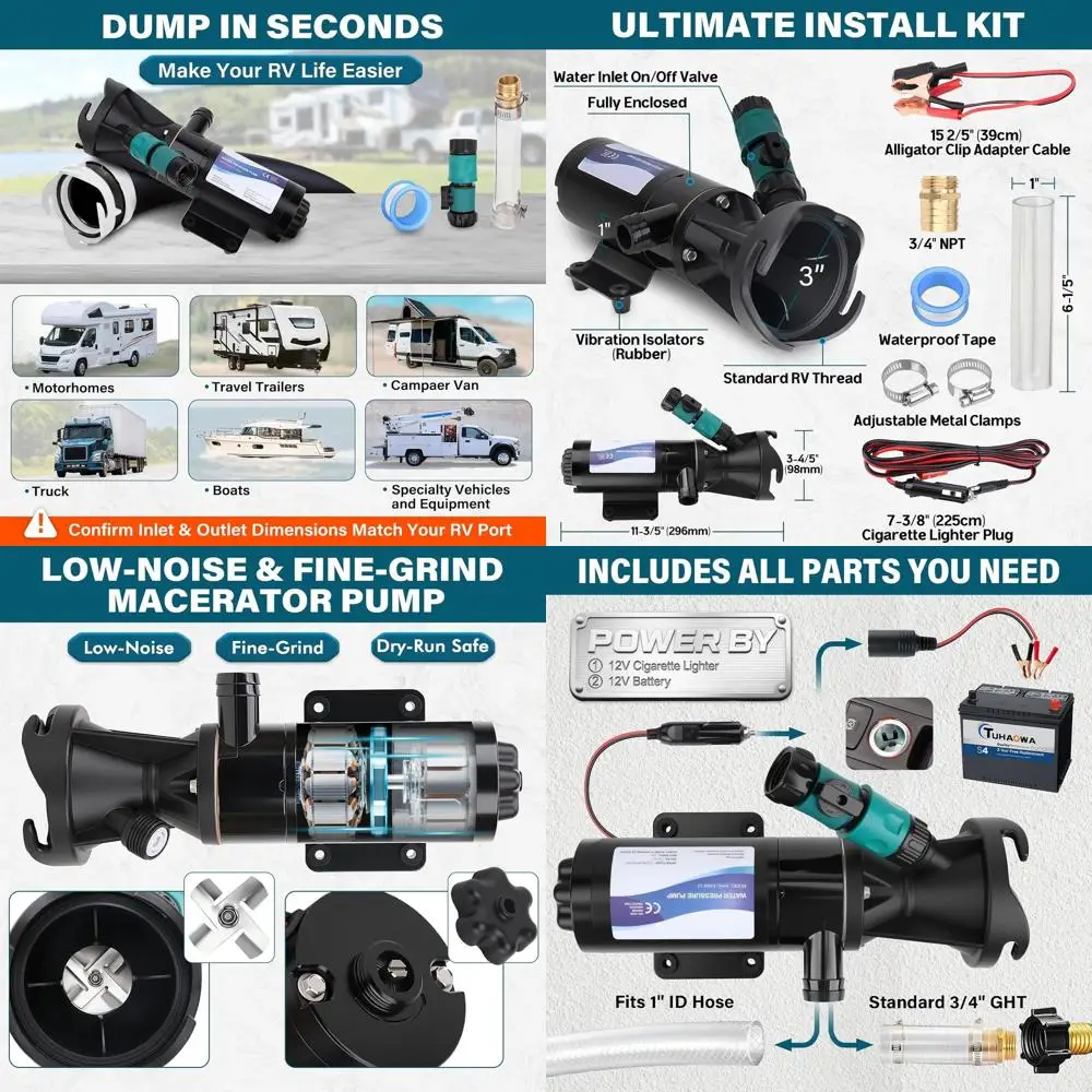12V RV Macerator Pump Kit - 12GPM Portable Waste Pump for Class A/B/C RVs & Travel Trailers Kitchen Bathroom, w/Quick Release, H
12V RV Macerator Pump Kit - 12GPM Portable Waste Pump for Class A/B/C RVs & Travel Trailers Kitchen Bathroom, w/Quick Release, H