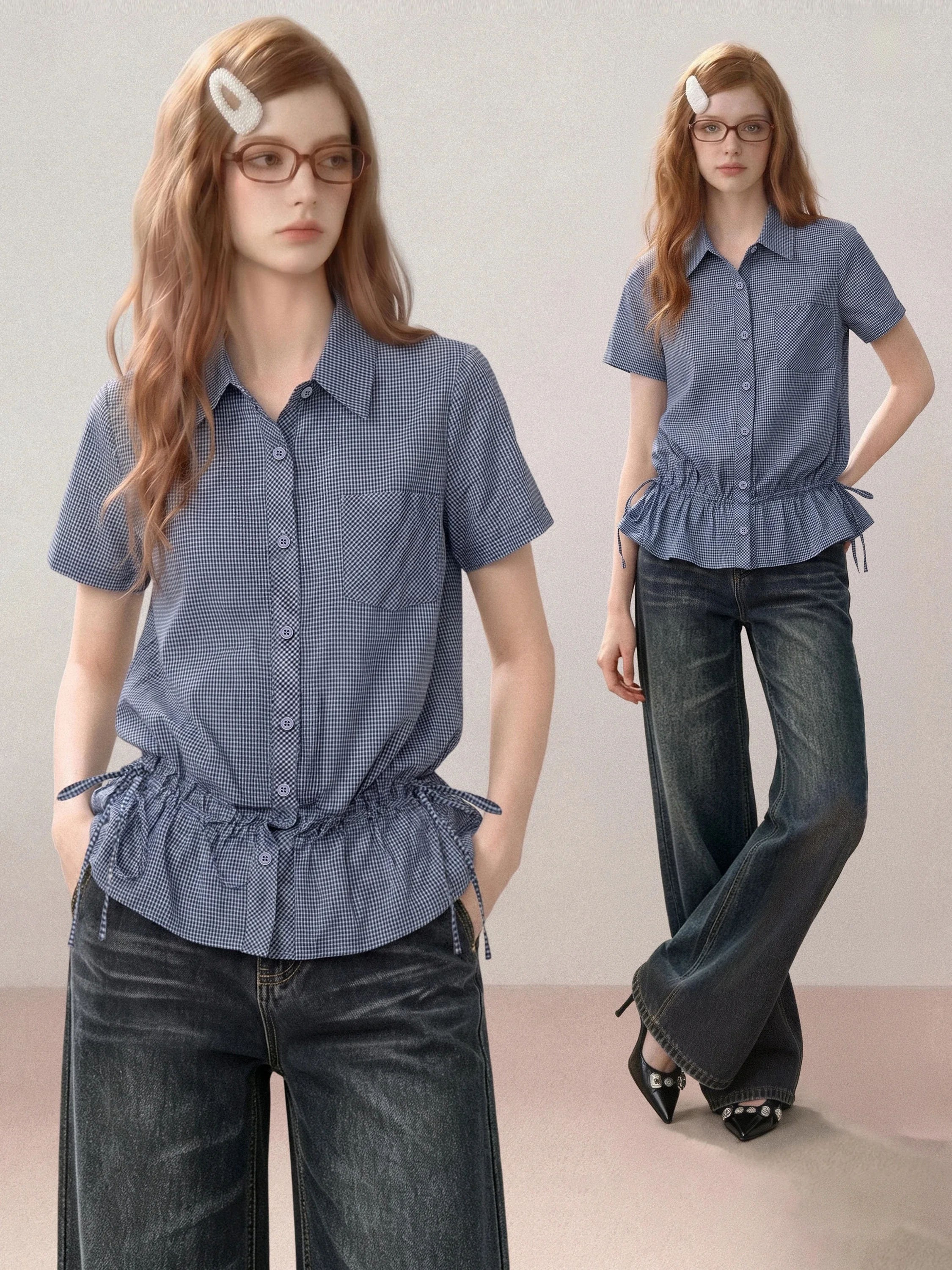Blue Plaid Waist-Cinching Short Sleeve Shirt Women's Summer School Style Slimming Drawstring Ruffle Waist Shirt Top
Blue Plaid Waist-Cinching Short Sleeve Shirt Women's Summer School Style Slimming Drawstring Ruffle Waist Shirt Top