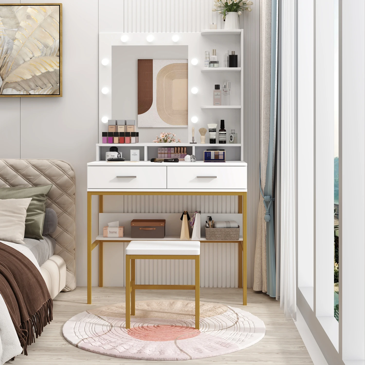 White Vanity Set with Stool, Metal Frame, 9 LED Lights, Adjustable Brightness 
White Vanity Set with Stool, Metal Frame, 9 LED Lights, Adjustable Brightness