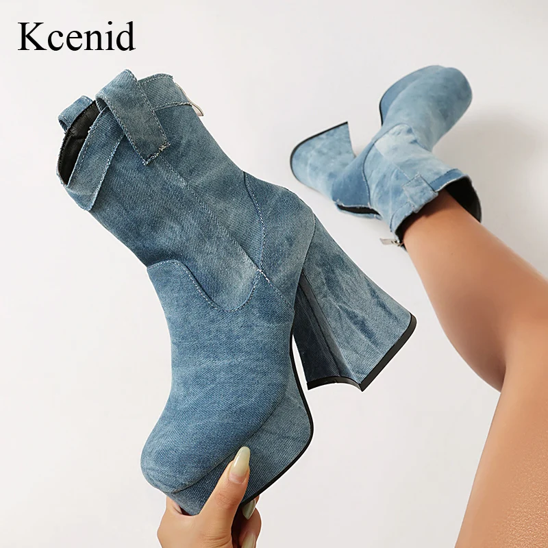 Kcenid Women's Chunky Heel Ankle Boots Blue Cowboy Style With Platform Zipper 12cm High Sexy Design Shoes for Ladies Big Size 43 
Kcenid Women's Chunky Heel Ankle Boots Blue Cowboy Style With Platform Zipper 12cm High Sexy Design Shoes for Ladies Big Size 43