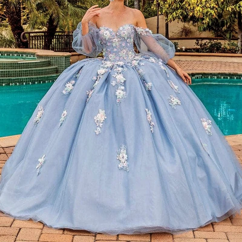 Sky Blue Shiny Quinceanera Dressees Off The Shoulder Applique Lace Tull Puff Sleeve Sweet 16 Years Old vestido 15 De
Sky Blue Shiny Quinceanera Dressees Off The Shoulder Applique Lace Tull Puff Sleeve Sweet 16 Years Old vestido 15 De
