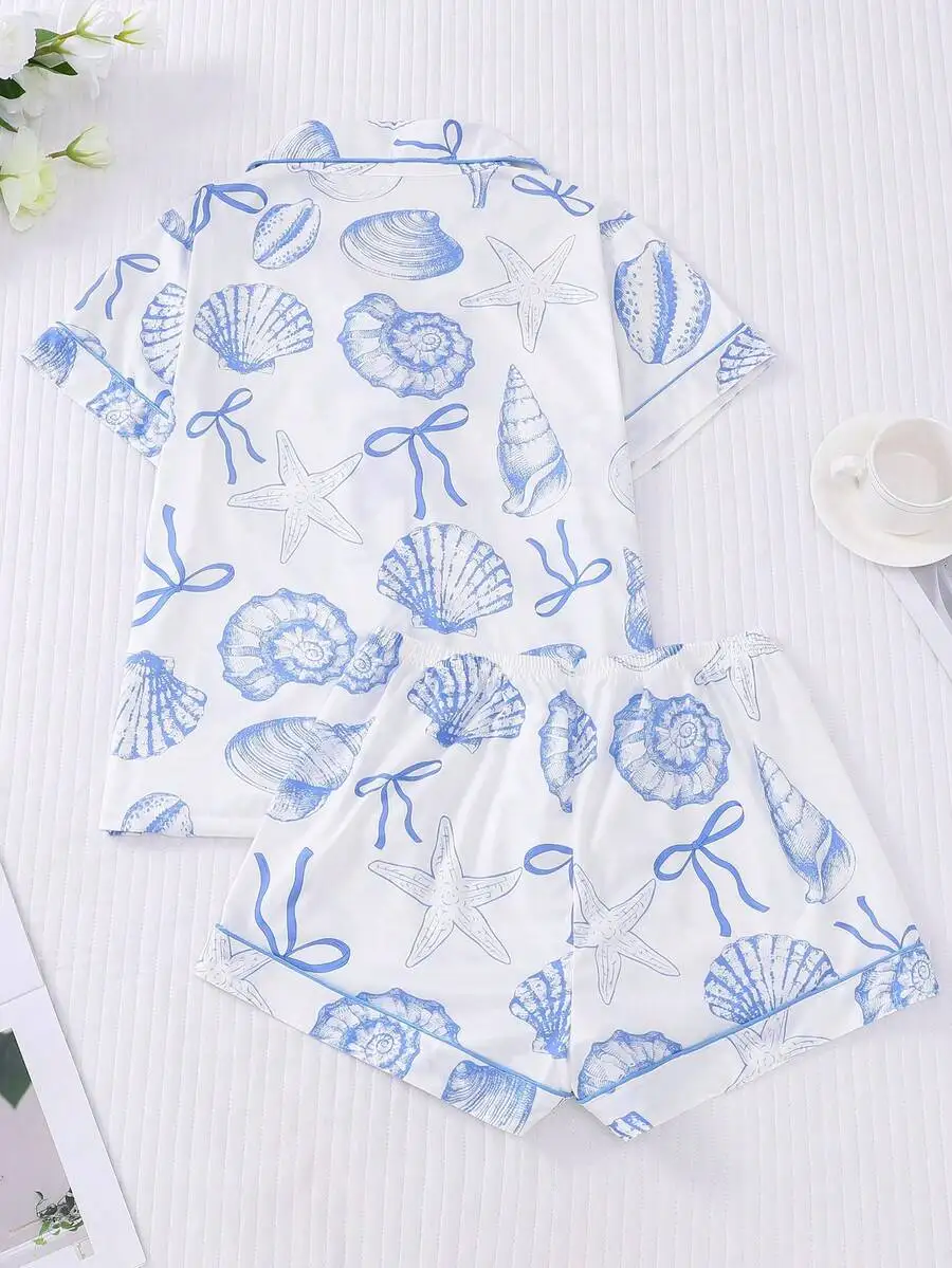 Womens Ocean Shell Print Pajama Set Short Sleeve Shirt With Collar Button Elastic Waist Shorts
Womens Ocean Shell Print Pajama Set Short Sleeve Shirt With Collar Button Elastic Waist Shorts