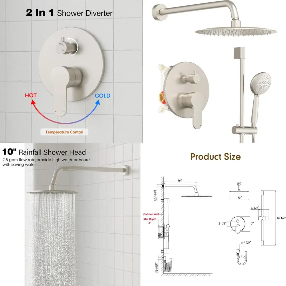 10 Rain Shower System with 5-Setting Handheld, High-Pressure Head, and Brushed Nickel Faucet Set
10 Rain Shower System with 5-Setting Handheld, High-Pressure Head, and Brushed Nickel Faucet Set
