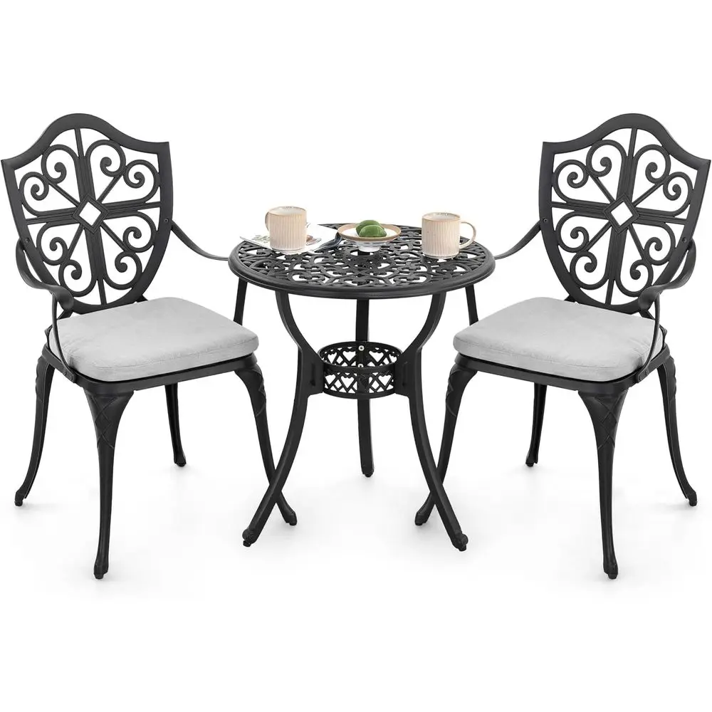 3-Piece Outdoor Bistro Set with Umbrella Hole, Grey Cushions, and Black Finish
3-Piece Outdoor Bistro Set with Umbrella Hole, Grey Cushions, and Black Finish
