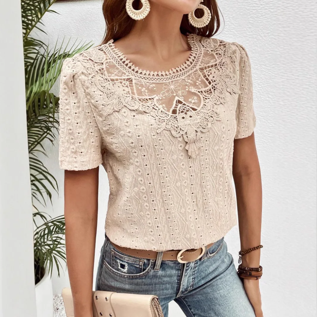 Lace Patchwork Hollow Round Neck Solid Color Short Sleeved Pullover 2025 Summer Khaki Office Lady OL Blouse Elegant Tops Blusas
Lace Patchwork Hollow Round Neck Solid Color Short Sleeved Pullover 2025 Summer Khaki Office Lady OL Blouse Elegant Tops Blusas