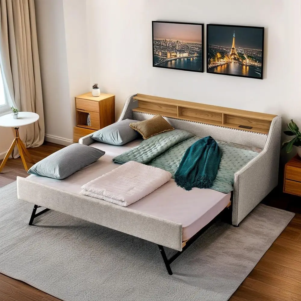 Twin Daybed with Trundle, Upholstered Sofa Bed with LED/USB/Type-C Ports and Storage, Convertible to King Size, Beige
Twin Daybed with Trundle, Upholstered Sofa Bed with LED/USB/Type-C Ports and Storage, Convertible to King Size, Beige