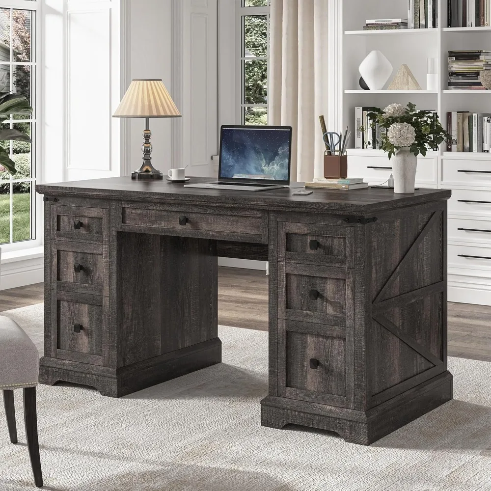 58" W Farmhouse Executive Desk with Drawers, Wood Home Office Desks with Power Outlets, Rustic Computer Desk with Storage
58" W Farmhouse Executive Desk with Drawers, Wood Home Office Desks with Power Outlets, Rustic Computer Desk with Storage