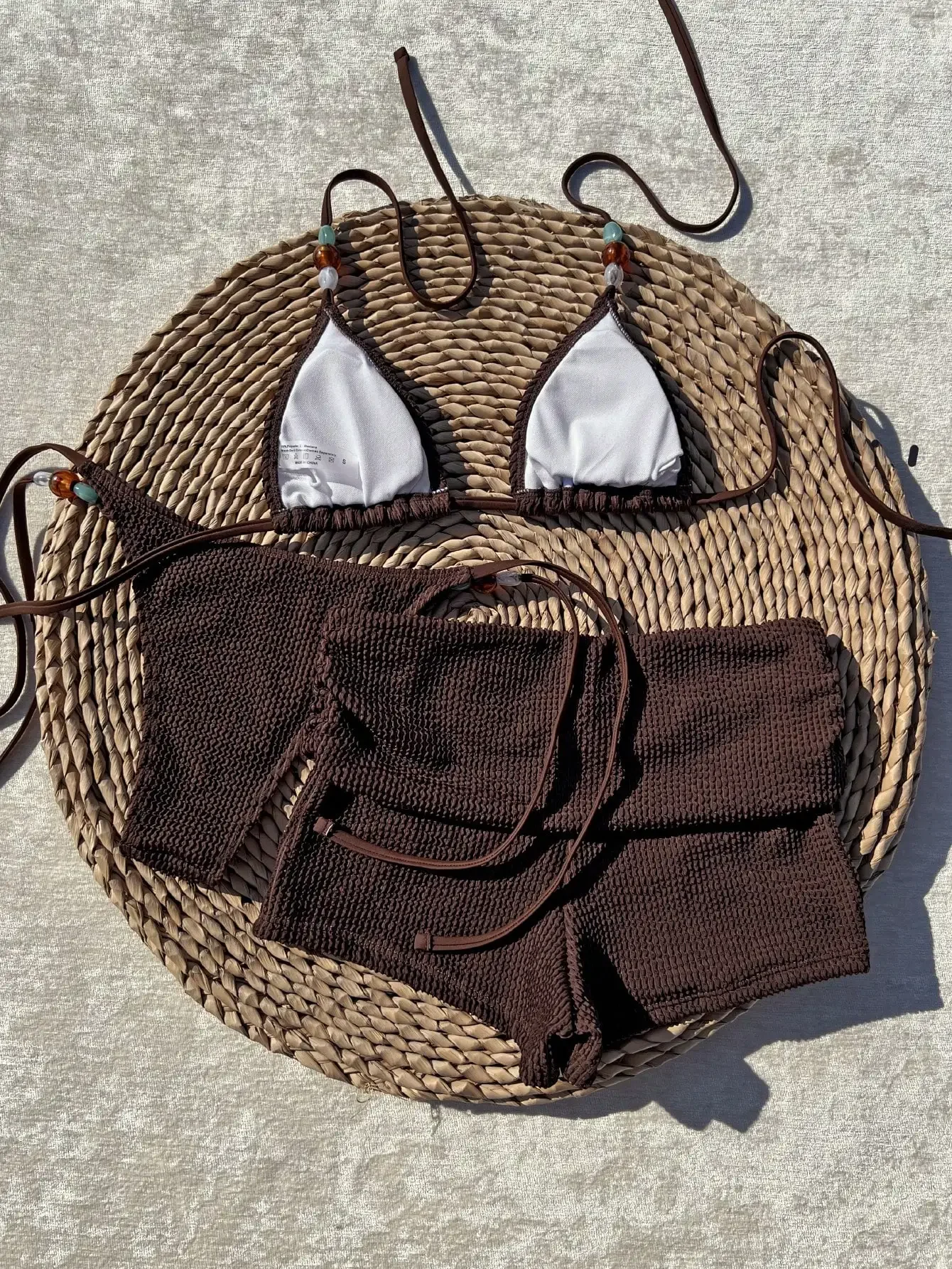 Womens Brown Knit Tie-Up Beaded Bikini Set With Shorts
Womens Brown Knit Tie-Up Beaded Bikini Set With Shorts
