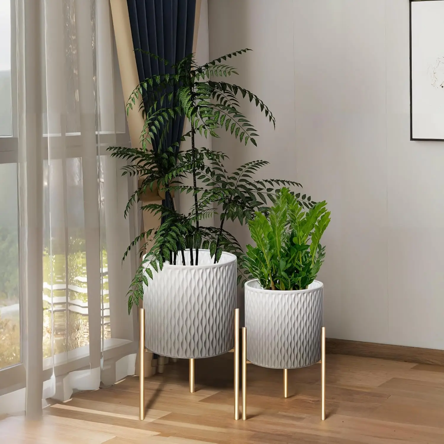 Set of 2 Mid Century Decorative Metal Flower Pots with Stand and Drainage, 10.5 & 12.25 Inch, Grey and White
Set of 2 Mid Century Decorative Metal Flower Pots with Stand and Drainage, 10.5 & 12.25 Inch, Grey and White