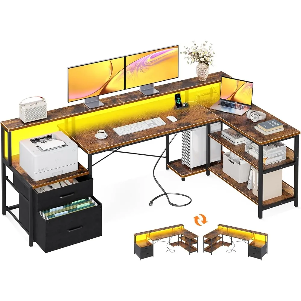 L-shaped office desk with file drawers, 75 reversible L-shaped computer desks with power sockets and LED lights
L-shaped office desk with file drawers, 75 reversible L-shaped computer desks with power sockets and LED lights