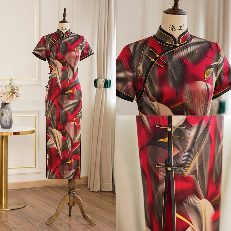 Silk Cheongsam Women Slim Print Geometry Qipao Chinese Style Dress Burgundy Party Dresses Female Slip Button Clothing Vestidos
Silk Cheongsam Women Slim Print Geometry Qipao Chinese Style Dress Burgundy Party Dresses Female Slip Button Clothing Vestidos