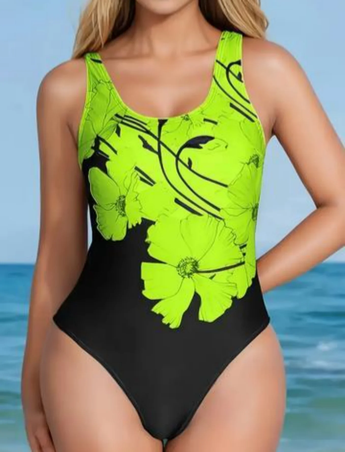 2349 Women's One-Piece Swimsuit, Neon Green Floral Print, High Waist, U-Neck, Racerback, Slim Fit Bathing Suit for Beach, Pool,
2349 Women's One-Piece Swimsuit, Neon Green Floral Print, High Waist, U-Neck, Racerback, Slim Fit Bathing Suit for Beach, Pool,