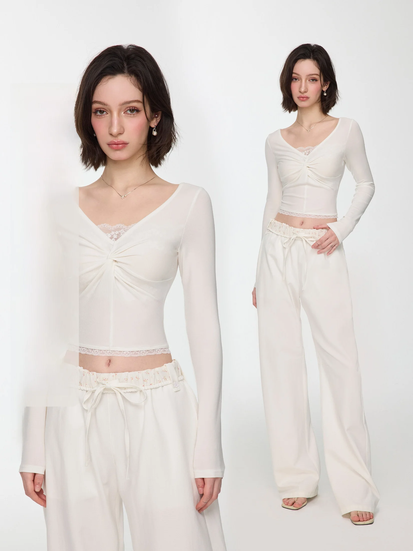 M Studio Spicy Girl Design ort V-ne Lace Long Sve T-irt Women's Spring Faion Slim Fit Ruched Two-piece Effect Top
M Studio Spicy Girl Design ort V-ne Lace Long Sve T-irt Women's Spring Faion Slim Fit Ruched Two-piece Effect Top