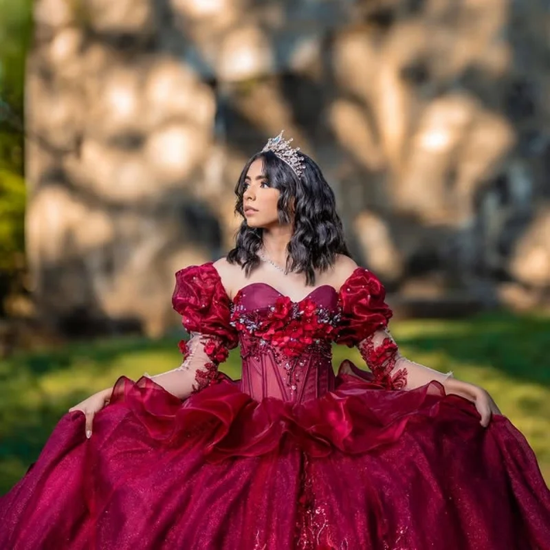 Customized Shiny wine red Off Shoulder Quinceanera Dress 3D flower crystal ruffle Long tail Bow vestidos de 15 Quinceanera
Customized Shiny wine red Off Shoulder Quinceanera Dress 3D flower crystal ruffle Long tail Bow vestidos de 15 Quinceanera