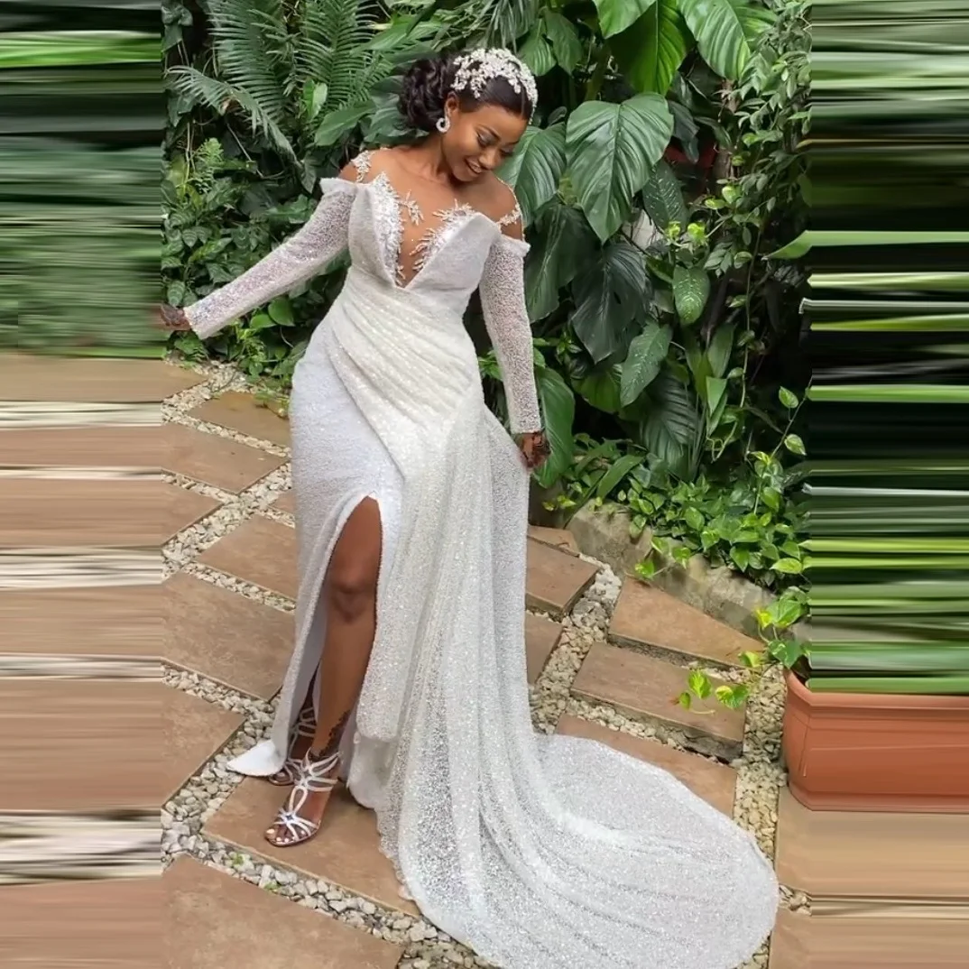 Wonderful Heavy Sequins Mermaid Luxury Wedding Dress 2023 Long Sleeves Robe Mariée Front Split Side Garden Bridal Gown
Wonderful Heavy Sequins Mermaid Luxury Wedding Dress 2023 Long Sleeves Robe Mariée Front Split Side Garden Bridal Gown