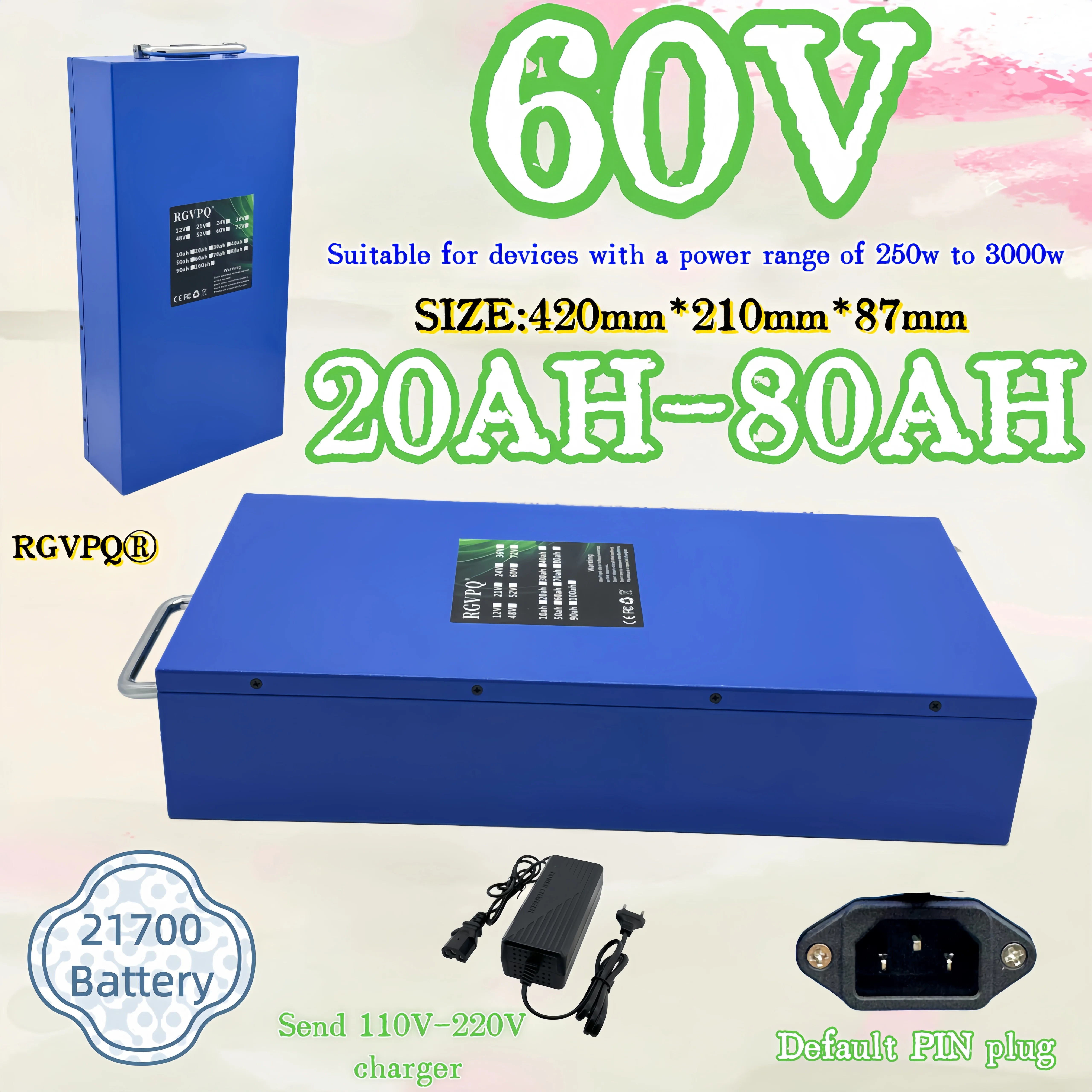 16S 21700 new 60V 20AH-80AH lithium battery pack, BMS40AH,3000W high power suitable for 84V electric two wheelers/motorcycles
16S 21700 new 60V 20AH-80AH lithium battery pack, BMS40AH,3000W high power suitable for 84V electric two wheelers/motorcycles