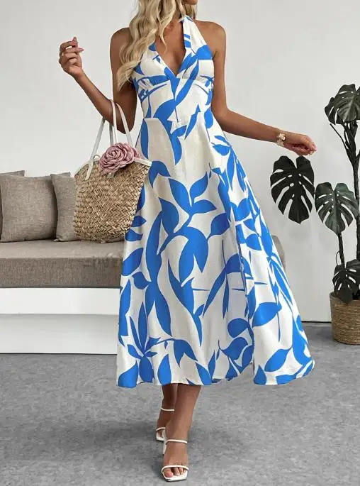 Plant Print Skirt Seaside Vacation Style Hanging Neck Split Dress for Summer Women Elegant Deep V-Neck A-Line Hanging Neck Dress
Plant Print Skirt Seaside Vacation Style Hanging Neck Split Dress for Summer Women Elegant Deep V-Neck A-Line Hanging Neck Dress