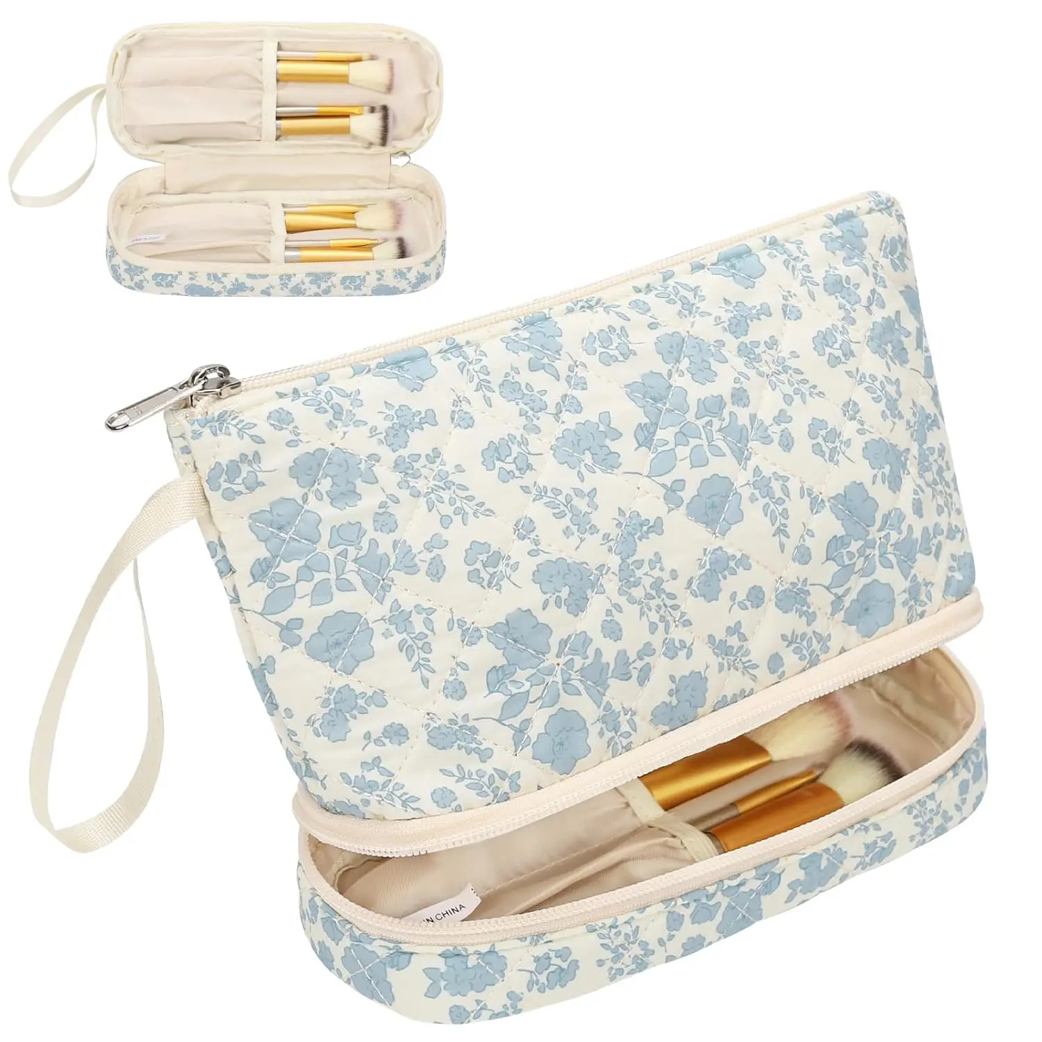 2-Layer Travel Makeup Bag with Brush Holder, Portable Cosmetic Organizer for Women, Blue Floral
2-Layer Travel Makeup Bag with Brush Holder, Portable Cosmetic Organizer for Women, Blue Floral
