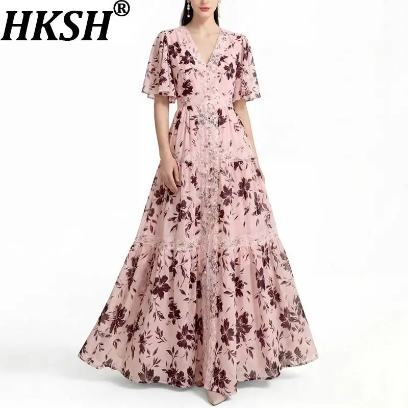 HKSH Women Long Dress Printed Patchwork Lace V-neck Short Sleeve Pleated Waist Cinching High-end Vacation Dresses Summer HK22736
HKSH Women Long Dress Printed Patchwork Lace V-neck Short Sleeve Pleated Waist Cinching High-end Vacation Dresses Summer HK22736