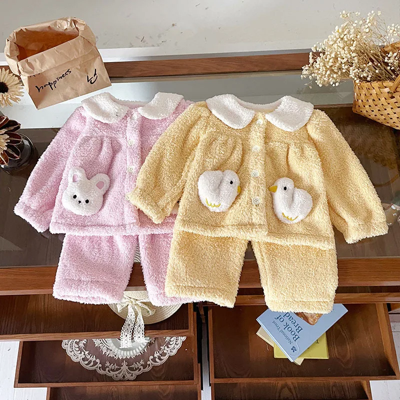 Baby Girls Fleece Pajama Sets Cute Rabbit Decor Turn Down Collar Single Breasted Flannel Coat+Elastic Waist Solid Wide Leg Pants
Baby Girls Fleece Pajama Sets Cute Rabbit Decor Turn Down Collar Single Breasted Flannel Coat+Elastic Waist Solid Wide Leg Pants