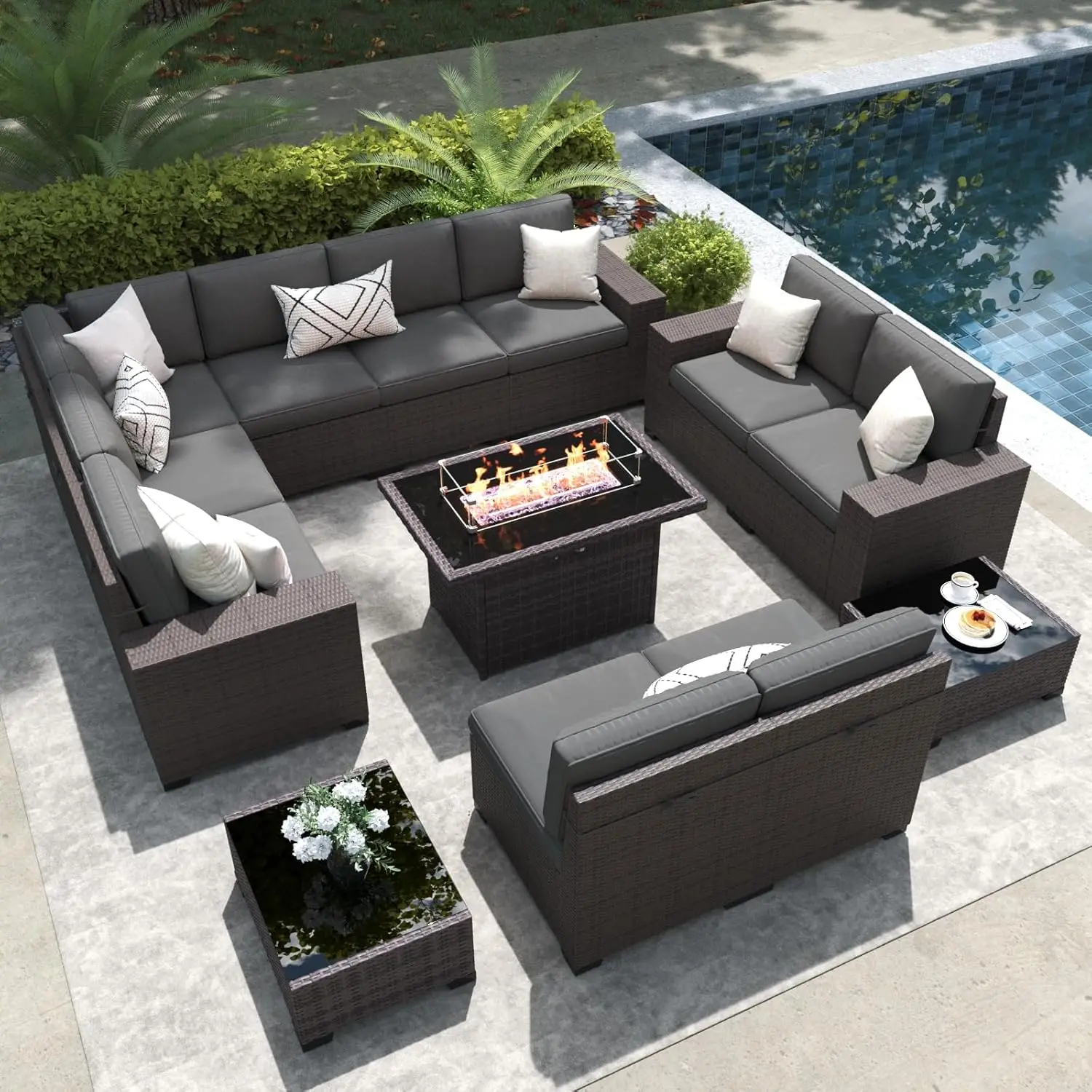 13 Pieces Outdoor Patio Furniture Set With 44"" Fire Pit Table Brown Rattan Sectional Sofa Conversation Sets
13 Pieces Outdoor Patio Furniture Set With 44"" Fire Pit Table Brown Rattan Sectional Sofa Conversation Sets