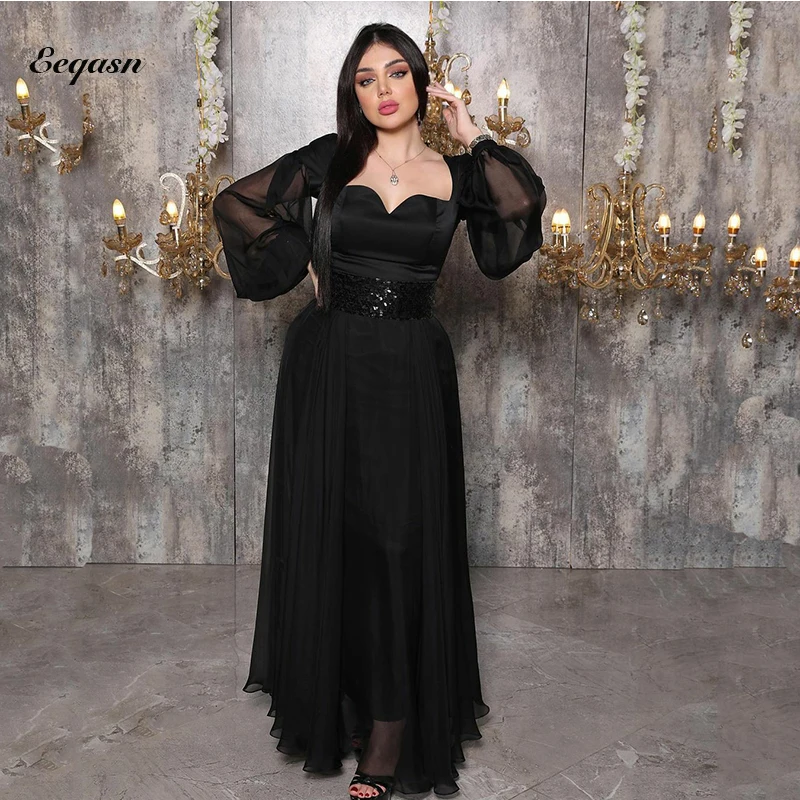 Dubai Women Black Chiffon Prom Dresses Puff Long Sleeves Sequin Belt Saudi Arabic Evening Gowns Formal Party For Women
Dubai Women Black Chiffon Prom Dresses Puff Long Sleeves Sequin Belt Saudi Arabic Evening Gowns Formal Party For Women