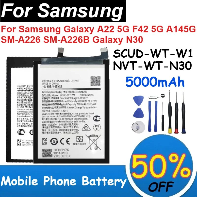 SCUD-WT-W1 NVT-WT-N30 Phone Batteries for Samsung Galaxy A22 5G F42 5G A145G SM-A226 SM-A226B Galaxy N30 Battery +Tools
SCUD-WT-W1 NVT-WT-N30 Phone Batteries for Samsung Galaxy A22 5G F42 5G A145G SM-A226 SM-A226B Galaxy N30 Battery +Tools