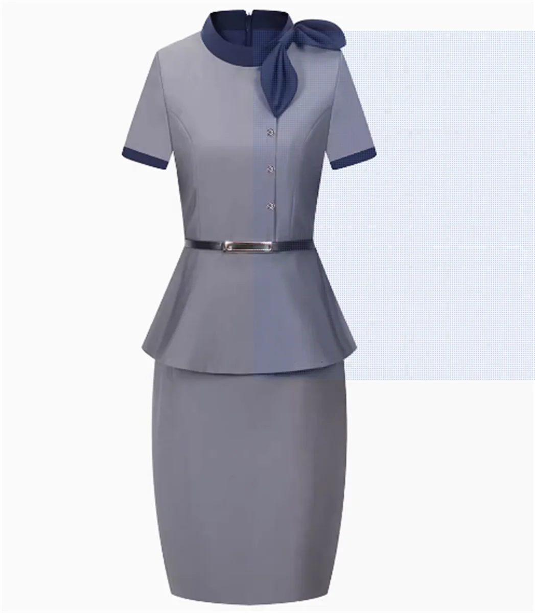 Flight attendant professional dress, fake two-piece set, spliced temperament, sales department, jewelry store, hip hugging skirt
Flight attendant professional dress, fake two-piece set, spliced temperament, sales department, jewelry store, hip hugging skirt