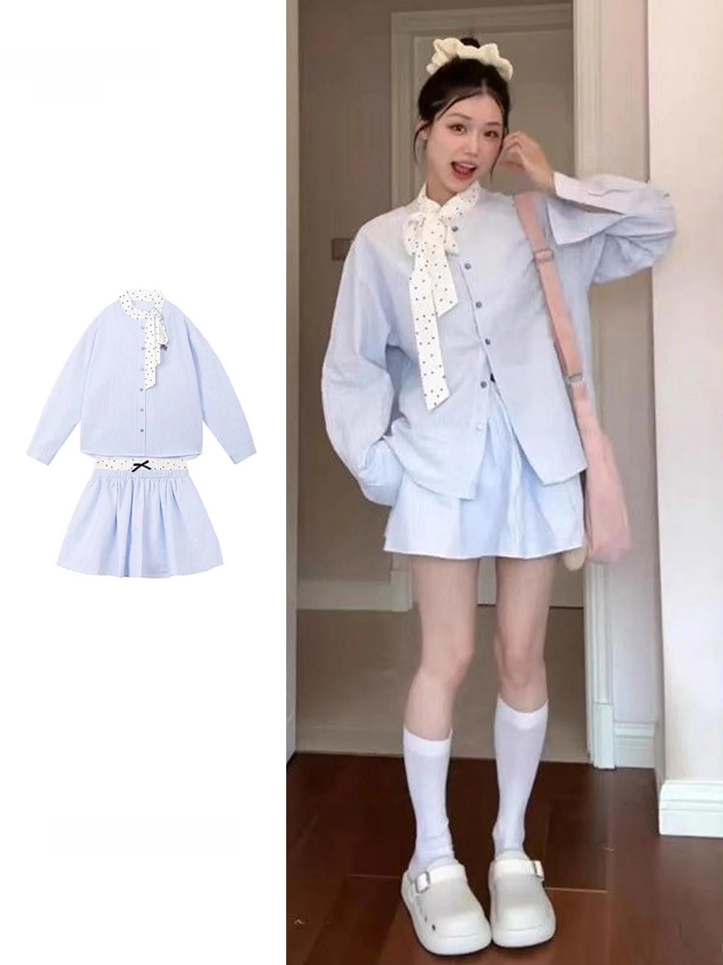 Blue Striped Casual T-Shirt And Polka Dot Bowknot Design Short Skirt Two-Piece Set for plus Size Women Korean Style Fashion
Blue Striped Casual T-Shirt And Polka Dot Bowknot Design Short Skirt Two-Piece Set for plus Size Women Korean Style Fashion