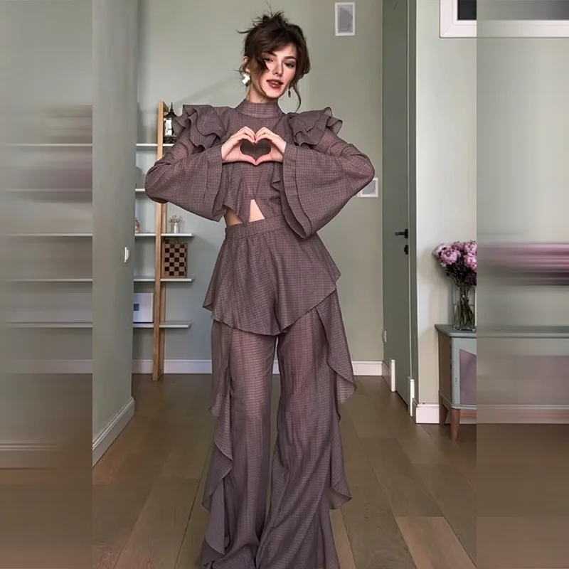 Stand Collar Sheer Ruffle Flare Sleeve Two Piece Suit Irregular Hem High Waist Wide Leg Pants Club Night Out Y2K Matching Outfit
Stand Collar Sheer Ruffle Flare Sleeve Two Piece Suit Irregular Hem High Waist Wide Leg Pants Club Night Out Y2K Matching Outfit