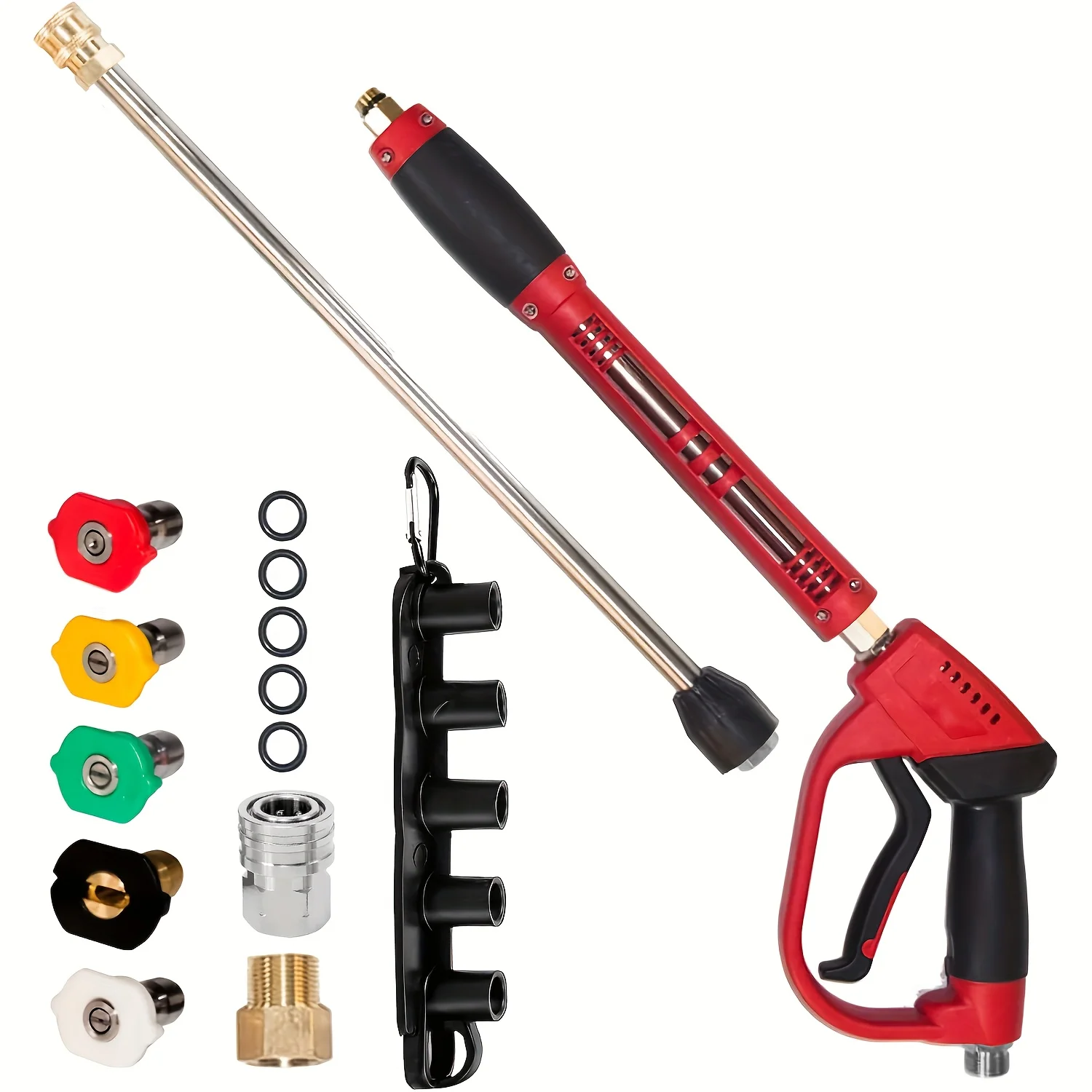 Pressure Washer Gun, Red High Power Washer Gun with Replacement Wand Extension, 5 Nozzle Tips, M22 Fittings, 40 Inch, 5000 PSI
Pressure Washer Gun, Red High Power Washer Gun with Replacement Wand Extension, 5 Nozzle Tips, M22 Fittings, 40 Inch, 5000 PSI