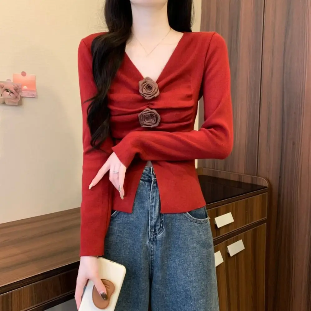 Pleated Long Sleeved Knitwear Slim Fit Bottoming Shirt 3D Rose Flower Top Autumn Spring Winter Sweet Knitted Top for Women Fall
Pleated Long Sleeved Knitwear Slim Fit Bottoming Shirt 3D Rose Flower Top Autumn Spring Winter Sweet Knitted Top for Women Fall
