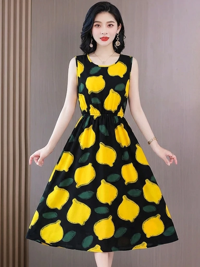 Elegant Sleeveless Lemon Print Dress Women's Waist-Cinching Slimming Mommy Style Midi Skirt Casual round Neck Polyester Fiber
Elegant Sleeveless Lemon Print Dress Women's Waist-Cinching Slimming Mommy Style Midi Skirt Casual round Neck Polyester Fiber