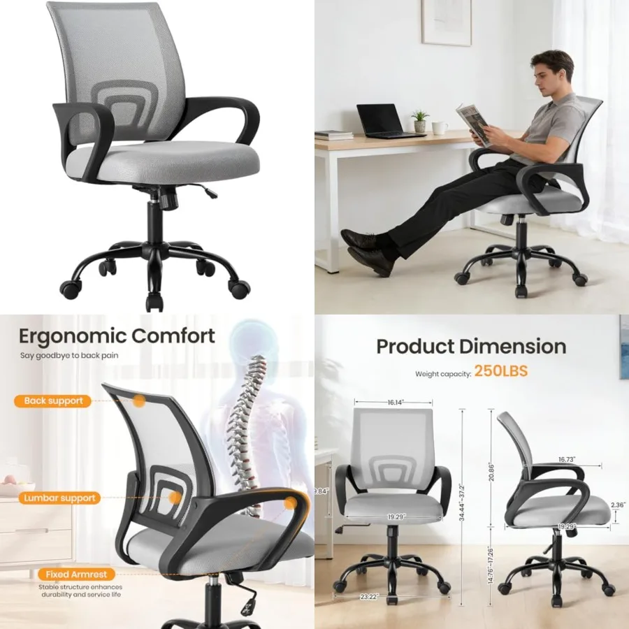 Office Desk Chair - Ergonomic Mid Back with Lumbar Support and Rocking Mode, Height Adjustable with Fixed Armrest, Storage Back
Office Desk Chair - Ergonomic Mid Back with Lumbar Support and Rocking Mode, Height Adjustable with Fixed Armrest, Storage Back