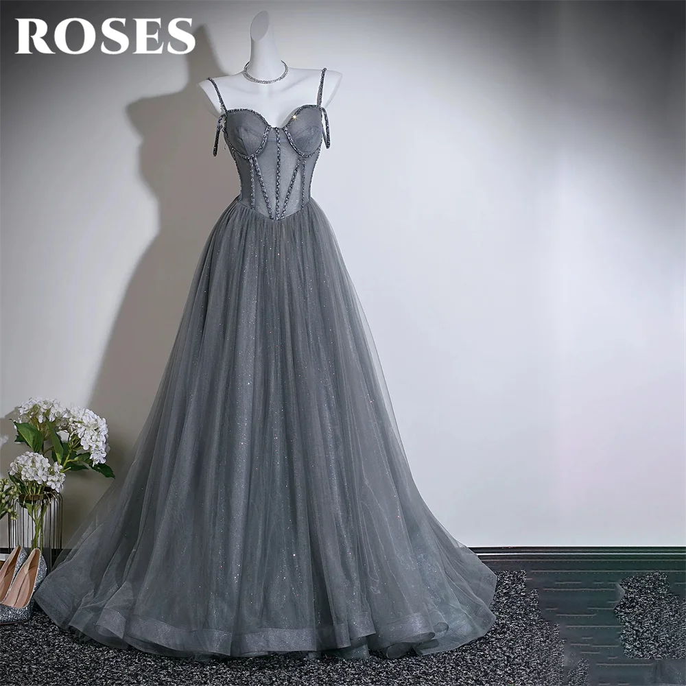 ROSES Grey Spaghetti Strap Corset Tulle Prom Dresses A Line Formal Dresses with Crystal Evening Dresses for Wedding Customized
ROSES Grey Spaghetti Strap Corset Tulle Prom Dresses A Line Formal Dresses with Crystal Evening Dresses for Wedding Customized