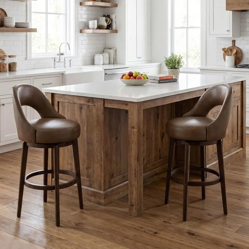 Set of 2 Brown Leather Swivel Bar Stools with Curved Backrest and Round Seat for Kitchen or Home Bar
Set of 2 Brown Leather Swivel Bar Stools with Curved Backrest and Round Seat for Kitchen or Home Bar