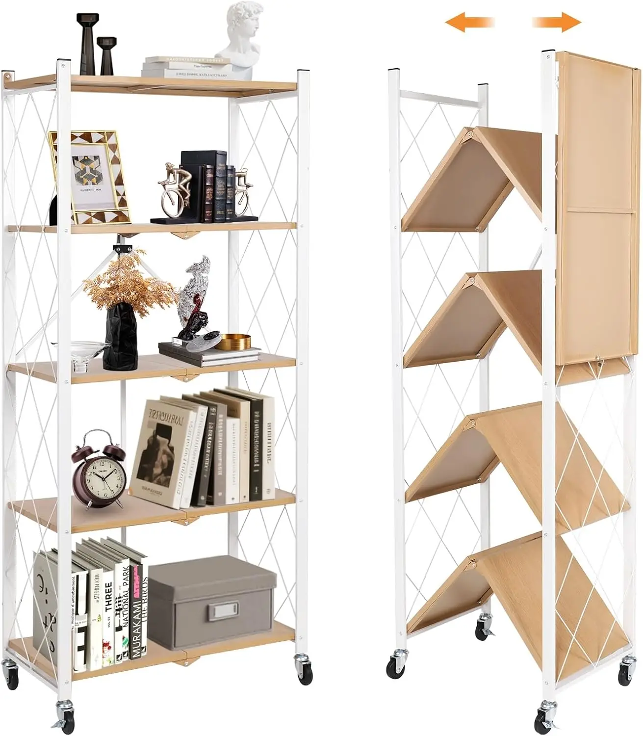 5-Tier Foldable Storage Shelves with Wheels, Folding Metal Bookshelf No Assembly, Collapsible for Kitchen, Bedroom, Living
5-Tier Foldable Storage Shelves with Wheels, Folding Metal Bookshelf No Assembly, Collapsible for Kitchen, Bedroom, Living